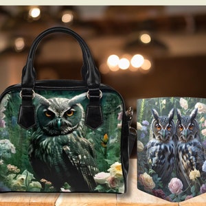 Bolso de hombro y billetera Dark Owl de Cottagecore, monedero Dark Cottagecore Owl, monedero Wiccan Owl Dark Witch Garden Floral Whimsigoth de lona
