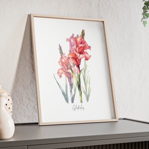 Impresión de arte de pared de gladiolo de agosto, impresión de ilustración de flor de nacimiento de agosto, regalo de Gigi, impresión de ramo de gladiolo de estilo moderno, carteles verticales