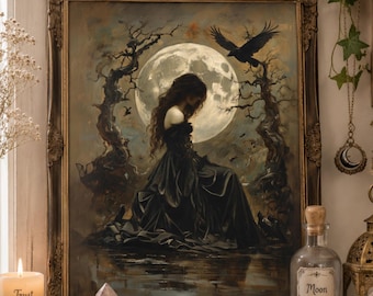 Heidnische Wandkunst-Idee fürs Büro: Mythologie-Poster-Dekoration für den Altarraum, Göttin Rabe, okkulte Kunst, dunkle Magie, Hexenkunst, keltische Göttin.