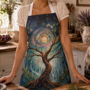 May include: An apron featuring a vibrant, artistic print of a gnarled tree with deep brown roots and branches reaching toward a swirling, glowing celestial sky filled with stars and a bright central orb, set against a dark blue and teal forest background.