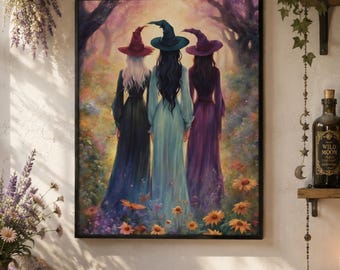 Gift for Bestie Three Witches Matte Canvas Enchanting Whimsigoth Cottagecore Witch Enchanting Halloween Vintage Wildflower Witches Coven Art
