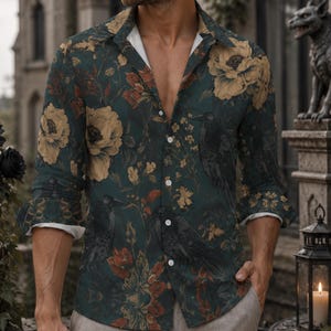 Dark Romance Shirt for Boyfriend William Morris Crow Faux Linen Mens Oxford Cotton Zip POLO Hallow Plus Size Goth Crow Oxford Goth Christmas