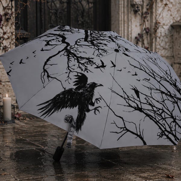Goth Umbrella for Corporate Goth Lovers Mystic Crow Auto Umbrella Gift Idea for Halloween Gothic Witchcore Raven Parasol Umbrella Academy