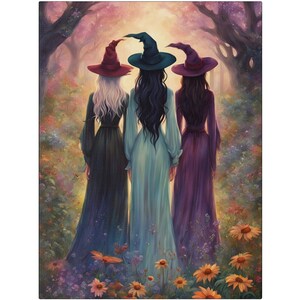 May include: Three witches walk in a forest path.  They wear long gowns; one is teal, one dark purple, and one dark green.  Their pointed hats are burgundy, teal, and purple.  The path is lined with wildflowers in shades of orange, yellow, and purple.  The scene is painted in a whimsical style with soft lighting.