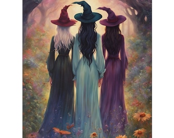Three Witches Coven Canvas, Salem Practical Magic Art Print Halloween Whimsigoth Wall Decor, Perfect Witchy Gift for your Sisterhood Friends