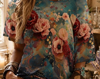 Boho Victorian Roses Off-Shoulder T-Shirt Retro Floral Oversized Top Retro Rose Distressed Shirt Garden Lover Oversized Cottagecore Shirt