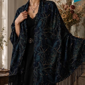 Victorian Inspired Edgar Allan Poe Dark Academia Crow Tassel Scarf William Morris Goth Shawl Wrap Witchy Clothing Gothic Raven Fall Fashion