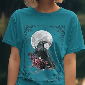 Camiseta Mystical Crow, Camiseta Vintage Raven Tarot Card, Camiseta Wiccan Goblincore, Roupas góticas, Camiseta de bruxa, Corvo, Dark Souls Dark Academia