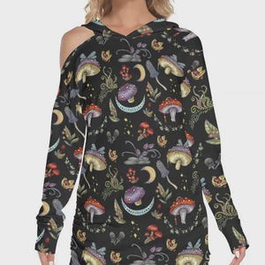 Dark Academia Hooded Dress: Crescent Moon & Mushroom Whimsigoth Goth Dress
