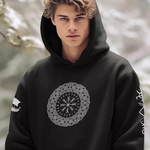 VEGVISIR Viking Compass Unisex Heavy Blend Hooded Sweatshirt, Runes Hoodie, Ubrania gotyckie, Męski prezent nordycki, Wikinger, Ubrania pogańskie nordyckie