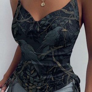 Gothic Clothing William Morris Inspired Crow Pleated Skirt Edgar Allan Poe Dark Academia Mesh Goth Clothes Long Skirt Camisole Lingerie Crow Camisole