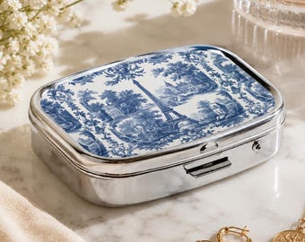 French Country Farmhouse Toile Pill Box for Mom Vintage Style Metal Tablet Organizer Vintage Pillbox Eiffel Tower Pocket Mirror Medicine Box