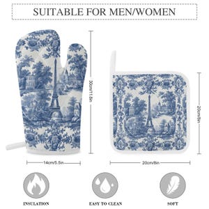 French Kitchen Baking Gift Toile Oven Mitts & Pot Holder Set Blue White Decor Thick Oven Mitt Farmhouse Kitchen Decor Wedding Shower Gift image 5