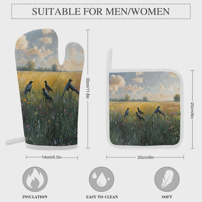 May include: A quilted oven mitt and square pot holder set featuring a printed landscape of black crows in a field of yellow flowers and green grass under a cloudy sky. The mitt measures 11.8 inches by 5.5 inches and the holder is 8 inches by 8 inches.
