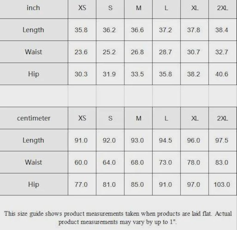 May include: Size guide showing product measurements in inches and centimeters for XS to 2XL. Measurements include length, waist, and hip. The length ranges from 35.8 to 38.4 inches, and 91.0 to 97.5 centimeters.