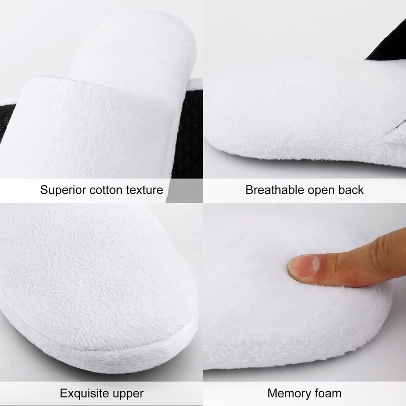 May include: A white plush slipper featuring a soft cotton texture, an open back design, and a cushioned memory foam footbed. The slipper has a solid white upper and a black sole with a textured grip pattern for stability and comfort.
