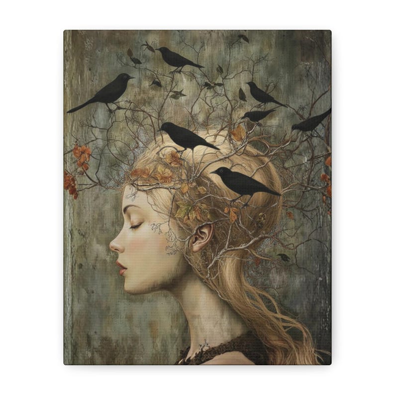 Witchy Wall Art Idea for Entryway Crow Woman Canvas Whimsical Raven Art Giftforher Gothic Wall Decor for Bedroom Pagan Mystical Feminine Art image 2