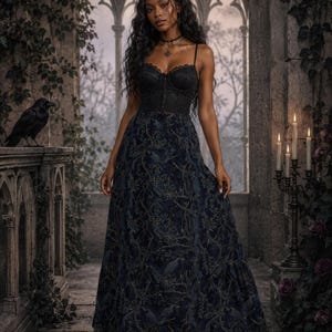 May include: A black lace corset top with thin straps paired with a floor-length, dark navy blue skirt featuring a repeating pattern of branches and birds. The ensemble is completed with black platform shoes and a simple black choker necklace.