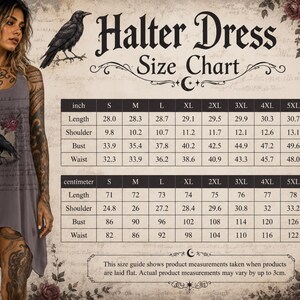 May include: A grey halter dress featuring a raven graphic and text, displayed alongside a size chart with measurements in inches and centimetres. The chart includes rows for length, shoulder, bust, and waist for sizes S through 5XL, with a diagram.