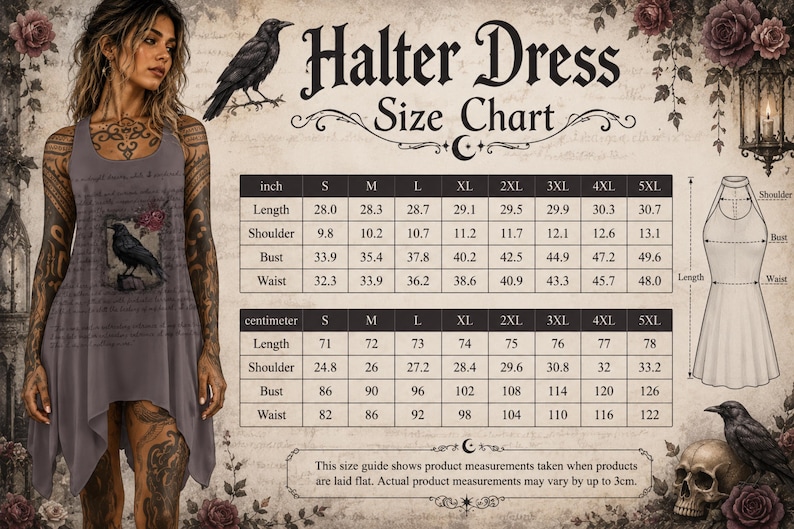 May include: A grey halter dress featuring a raven graphic and text, displayed alongside a size chart with measurements in inches and centimetres. The chart includes rows for length, shoulder, bust, and waist for sizes S through 5XL, with a diagram.