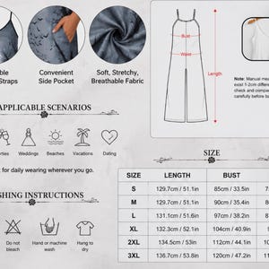 May include: A gray jumpsuit featuring a dark bat silhouette print, adjustable spaghetti straps, and side pockets. The image includes a size chart with measurements in cm and inches, washing instructions, and icons for various social occasions.