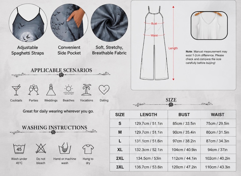 May include: A gray jumpsuit featuring a dark bat silhouette print, adjustable spaghetti straps, and side pockets. The image includes a size chart with measurements in cm and inches, washing instructions, and icons for various social occasions.
