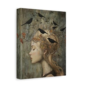 Witchy Wall Art Idea for Entryway Crow Woman Canvas Whimsical Raven Art Giftforher Gothic Wall Decor for Bedroom Pagan Mystical Feminine Art image 5