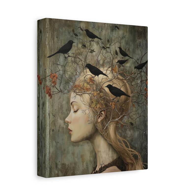 Witchy Wall Art Idea for Entryway Crow Woman Canvas Whimsical Raven Art Giftforher Gothic Wall Decor for Bedroom Pagan Mystical Feminine Art image 5