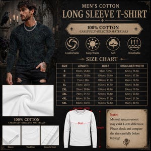 Pode incluir: Uma t-shirt de manga comprida com um padr&atilde;o escuro e intrincado, apresentada com uma tabela de tamanhos detalhada, informa&ccedil;&otilde;es sobre o tecido e planos de pormenor da textura, decote e manga, incluindo medidas em cent&iacute;metros.