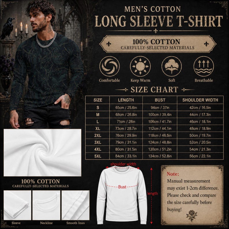 Pode incluir: Uma t-shirt de manga comprida com um padr&atilde;o escuro e intrincado, apresentada com uma tabela de tamanhos detalhada, informa&ccedil;&otilde;es sobre o tecido e planos de pormenor da textura, decote e manga, incluindo medidas em cent&iacute;metros.