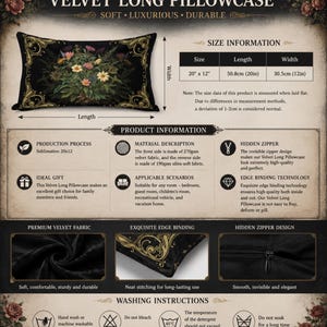 May include: A rectangular velvet long pillowcase featuring a black background with a central floral bouquet and gold ornate border. The product measures 20 inches by 12 inches and includes a hidden zipper, edge binding, and washing instructions.