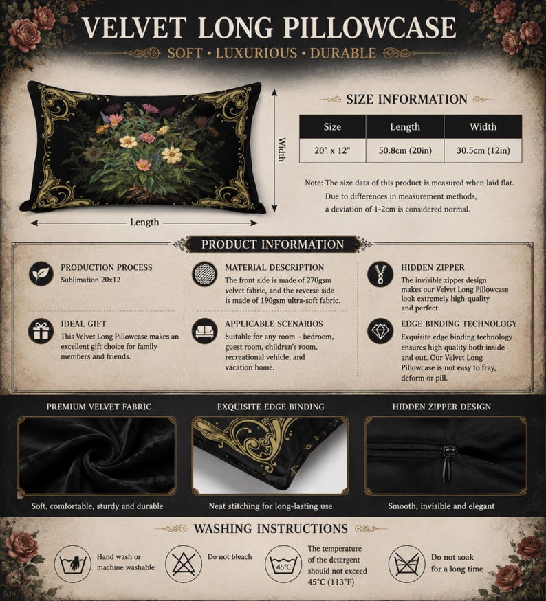 May include: A rectangular velvet long pillowcase featuring a black background with a central floral bouquet and gold ornate border. The product measures 20 inches by 12 inches and includes a hidden zipper, edge binding, and washing instructions.