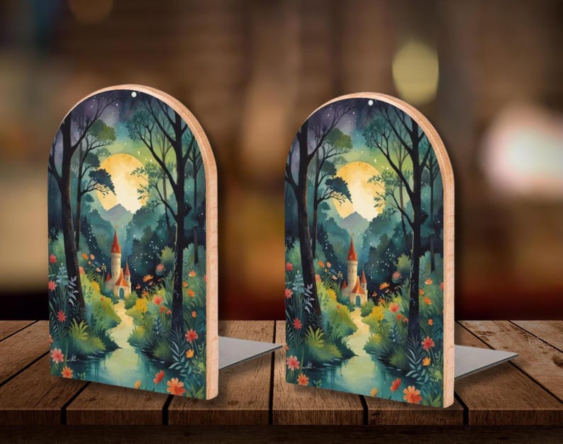 May include: Two wooden bookends with a watercolor painting of a forest scene. The artwork depicts a castle, a river, and a large moon. The bookends have a curved top and a metal base for stability. The color palette includes greens, blues, and oranges.