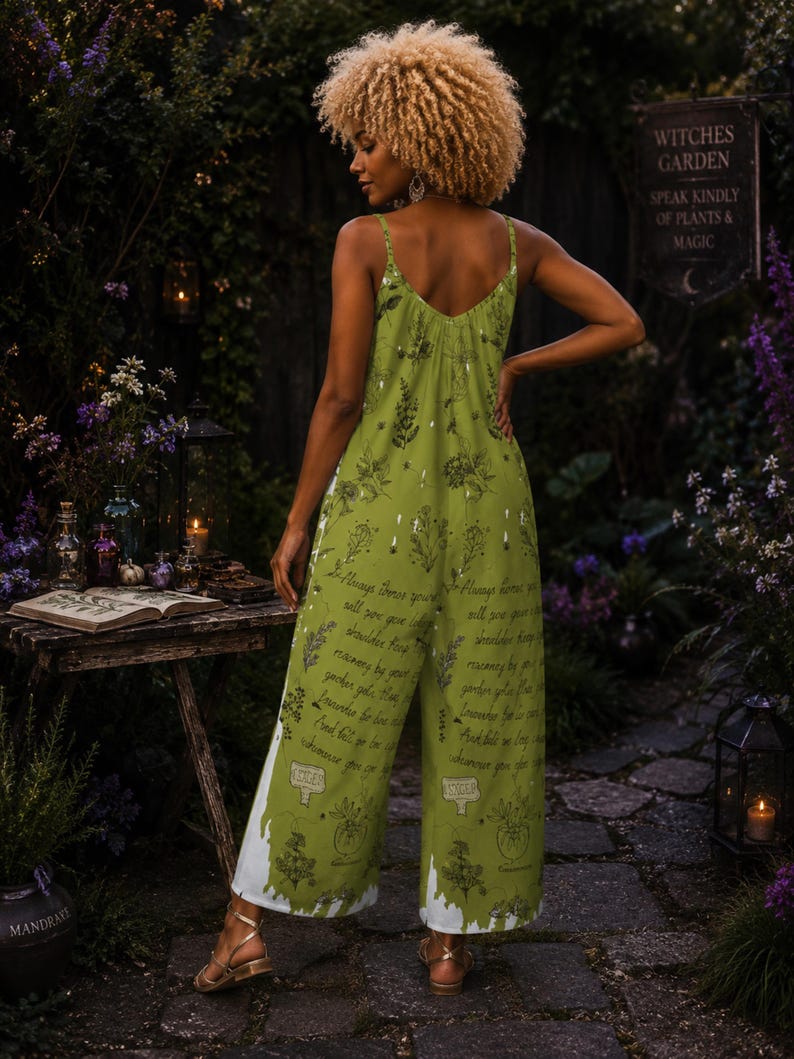 Witchy Herbs Jumpsuit Gift Idea for Mom Wiccan Giftforher Wide Leg Clothing Rosemary Practical Magic Spell Light Academia Woman Overalls image 2