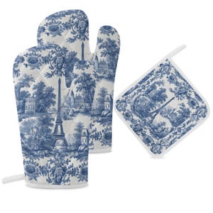 French Kitchen Baking Gift Toile Oven Mitts & Pot Holder Set Blue White Decor Thick Oven Mitt Farmhouse Kitchen Decor Wedding Shower Gift image 8
