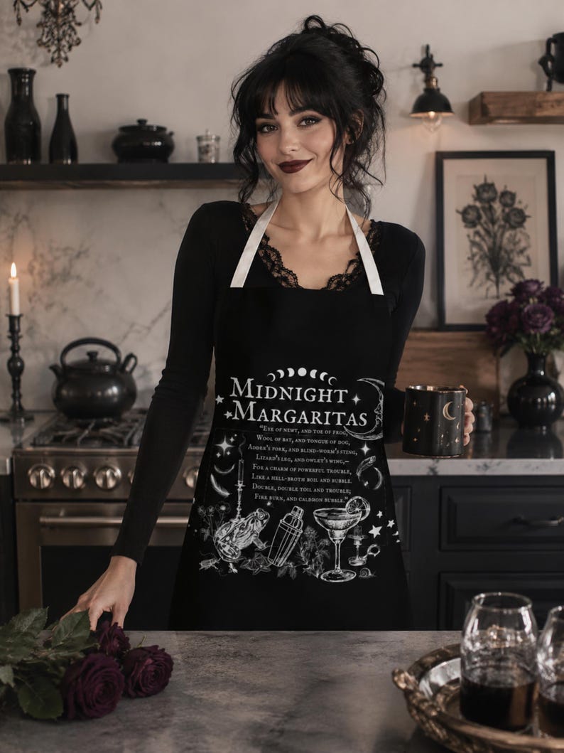 May include: A black apron featuring white graphic illustrations of a frog, a cocktail shaker, and a margarita glass. The text reads Midnight Margaritas along with a poem. The apron has white neck straps and is worn over a black long-sleeve shirt.