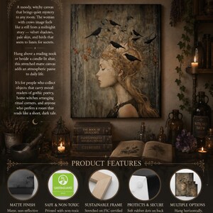 Witchy Wall Art Idea for Entryway Crow Woman Canvas Whimsical Raven Art Giftforher Gothic Wall Decor for Bedroom Pagan Mystical Feminine Art image 3