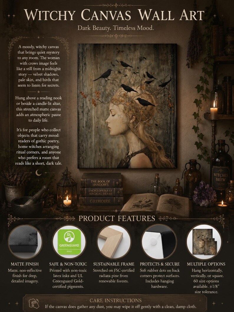 Witchy Wall Art Idea for Entryway Crow Woman Canvas Whimsical Raven Art Giftforher Gothic Wall Decor for Bedroom Pagan Mystical Feminine Art image 3