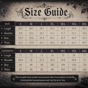 May include: A size guide chart featuring two tables with measurements in inches and centimeters for sizes S through 5XL. The chart includes rows for length, shoulder, bust, and waist. The design features a black raven, roses, and a candle.