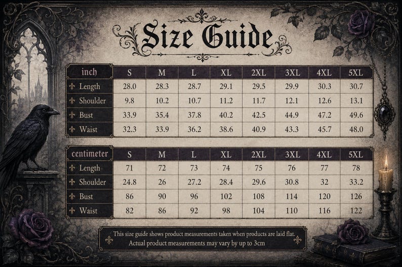 May include: A size guide chart featuring two tables with measurements in inches and centimeters for sizes S through 5XL. The chart includes rows for length, shoulder, bust, and waist. The design features a black raven, roses, and a candle.