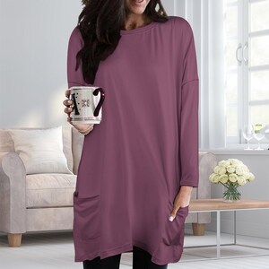 Autumn Casual Shirt Dress Gift Idea for Mom Comfort Minimalist Style Relaxed Fit Dress with Pockets Fall Casual Boho Tee Dress Long Sleeve Damson