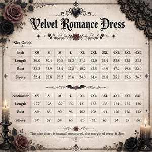 May include: A size guide chart for a Velvet Romance Dress featuring two tables with measurements in inches and centimeters for sizes XS through 6XL. The chart includes length, bust, and sleeve dimensions, decorated with roses and candles.