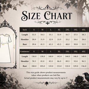 May include: A size chart for a dress featuring two tables with measurements in inches and centimeters for sizes S through 5XL. The chart includes length, shoulder, and bust dimensions, with a line drawing of a dress and text indicating measurements are taken flat.
