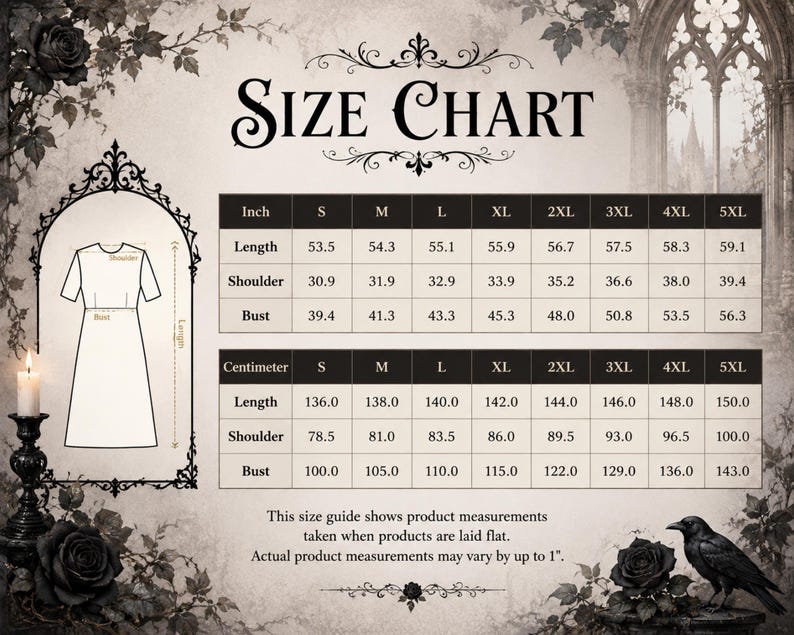 May include: A size chart for a dress featuring two tables with measurements in inches and centimeters for sizes S through 5XL. The chart includes length, shoulder, and bust dimensions, with a line drawing of a dress and text indicating measurements are taken flat.