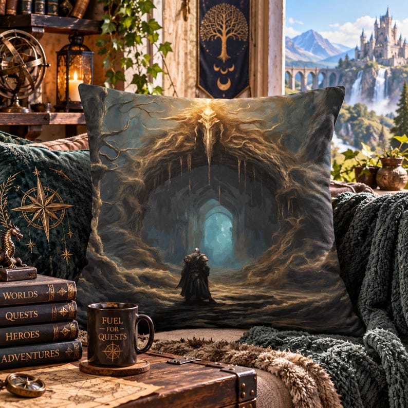 May include: A square throw pillow featuring a dark, fantasy-themed illustration of a lone armored figure standing before a glowing, cavernous stone archway. The scene is rendered in shades of gold, brown, and deep blue, depicting a mysterious entrance.