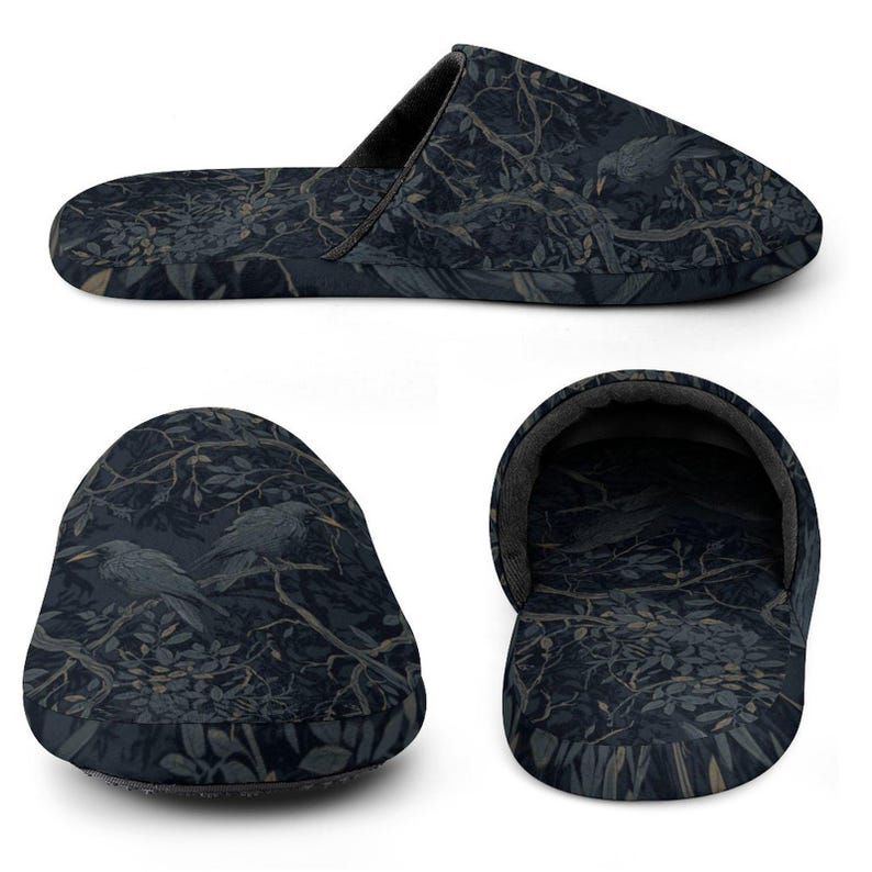 Couple Gift William Morris Crow Flannel Ladies & Mens Cotton Slippers Dark Academia Whimsy Goth Clothes Edgar Allen Poe Whimsigoth Clothing image 16