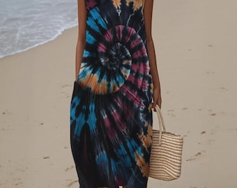 Birthday Hippy Garb Youth Tiedye Boho Maxi Dress with Pocket Slub Cotton Tie-Dye Shirt Dress Dark Cotton Casual Attire Long Sleeve Sundress