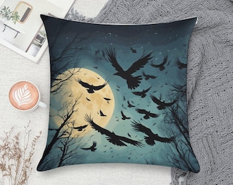Funda de almohada gótica ultrasuave con diseño de cuervo y luna llena de Dark Academia