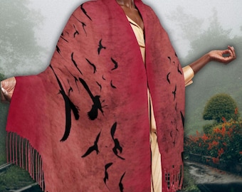 Murder of Crows Oxblood Tassel Scarf - Moody Gothic Shawl, Cape Sorcière