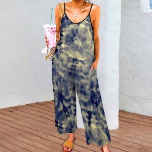 Navy Tie Die Suspender Jumpsuit, festival outfit tiedye Cover up, boho Clothing, flowy, groovy hippie Bodysuit, psychedelic yoga pantsuit